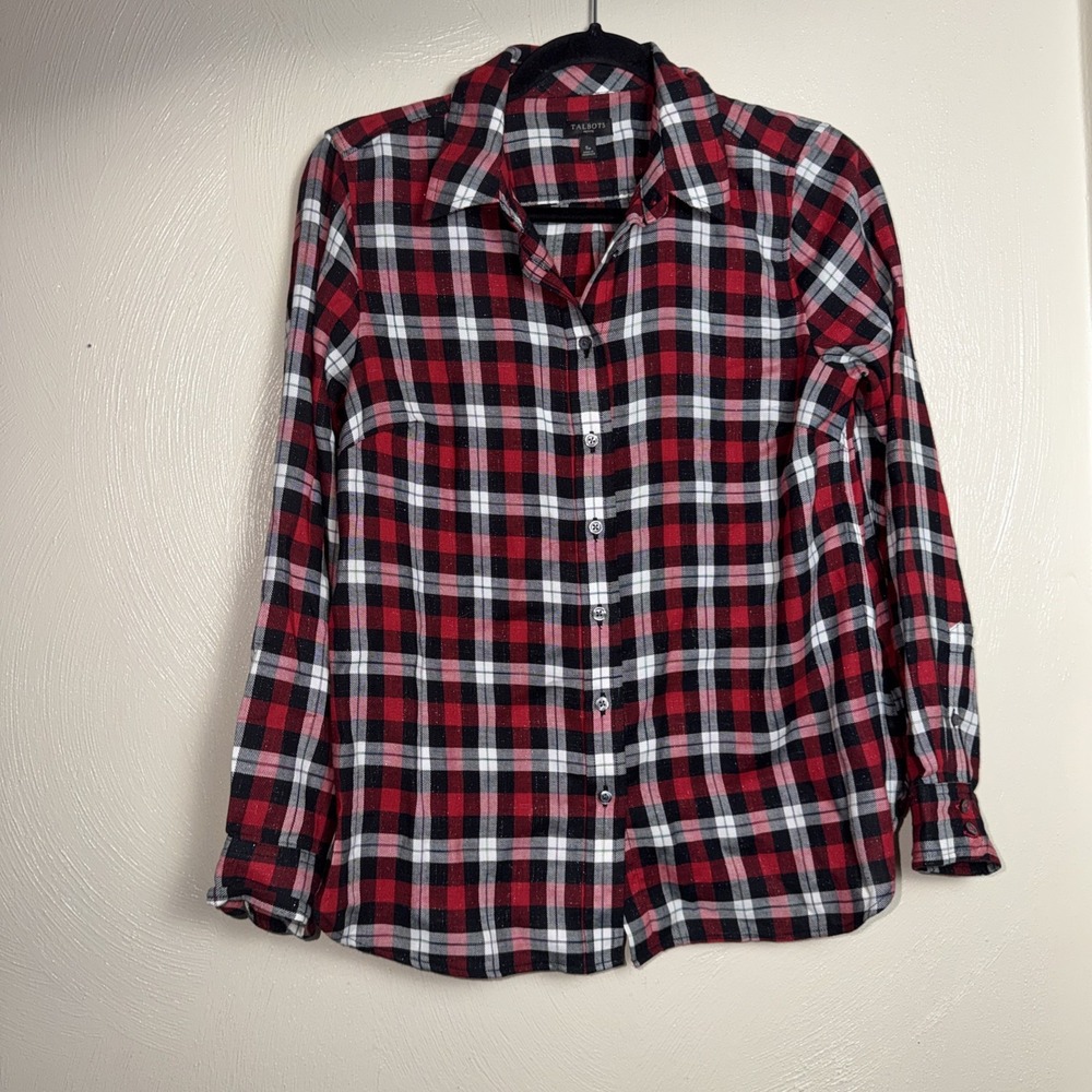 Talbots Metallic Flannel Shirt Womens SP Red Black White Plaid Button Up Holiday